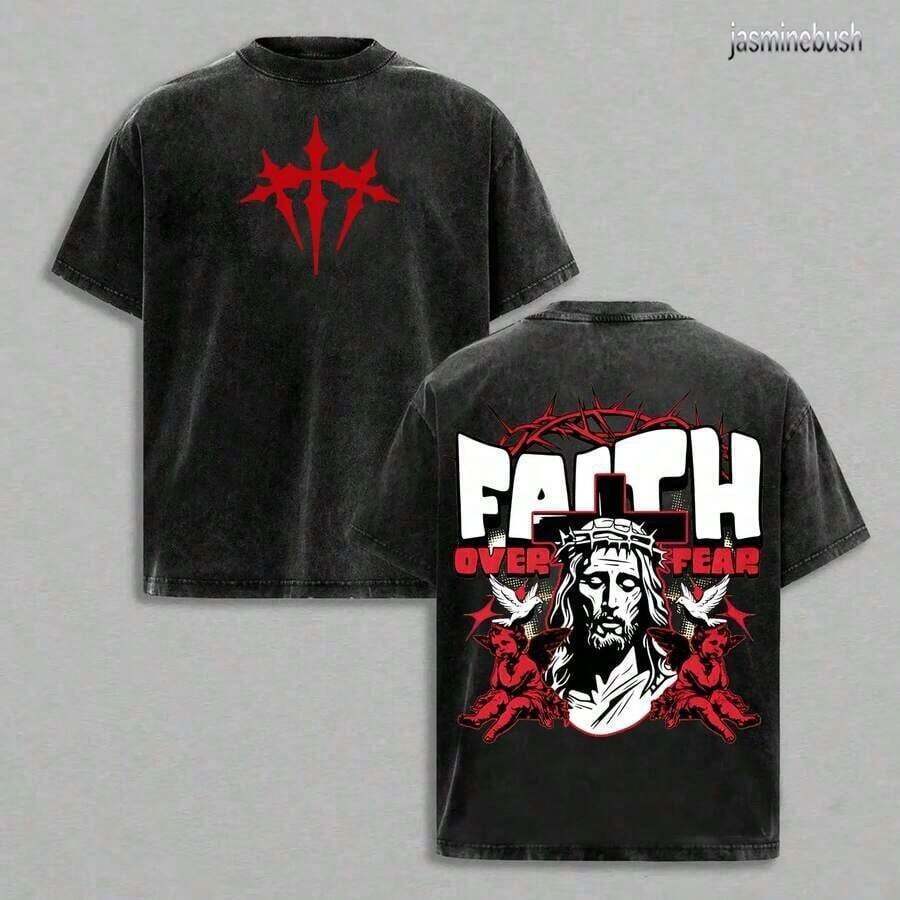 'Faith Over Fear' T-Shirt With Jesus, Christian Graphic Tee With Crown Of Thorns, Vintage Washed Angel Print, Bold Cross Streetwear, Plus Size Thick Cotton Spiritual Religious T-Shirt For Believers, Women's Summer Clothing, Anime T-Shirts, Graphic Tees - 白色 - 查看 1