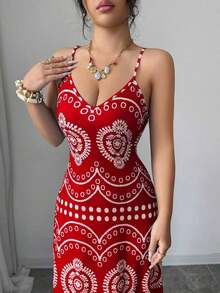 Vestido casual de vacaciones con estampado retro Perris para mujer - Rojo - Ver 3
