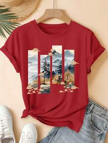 Women's Casual Summer T-Shirt 2026, New Short Sleeve Crew Neck Four-Panel Landscape Print T-Shirt, Vintage Distressed Style, Casual Sports Top, Soft Knit Fabric, High-Quality Women's Clothing. | Fun And Original Design | Fun And Rejuvenating Top - 紅色 - 查看 1