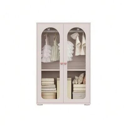 2-Door Wardrobe, Lacquered Wardrobe, Bedroom Storage Wardrobe, Children's Wardrobe, With Hanging Rail, Clear Acrylic Doors, Ceramic Handles, Baby Pink, 80*50*120 Cm