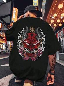 Men's Casual Short Sleeve Graphic Print T-Shirt - Bold Flame And Flower Design, Regular Fit, Summer Streetwear, White With Red/Yellow Art, Street Style, Stylized Face Design, Striking Contrast - 白色 - 查看 7