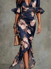 Vestido largo estampado cuello V ajustado con volantes elegante - Azul - Ver 5