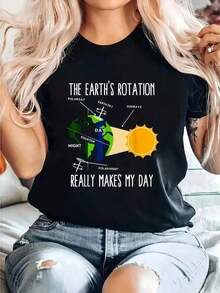Funny Earth Rotation Earth Day Science Print T-Shirt For Kids And Women, Round Neck, Short Sleeve, Comfortable, For Spring And Summer, Women's Clothing, Summer Essentials, Summer Outfits For Women, Graphic Tees, Basic Blouses For Women - 黑色 - 查看 1