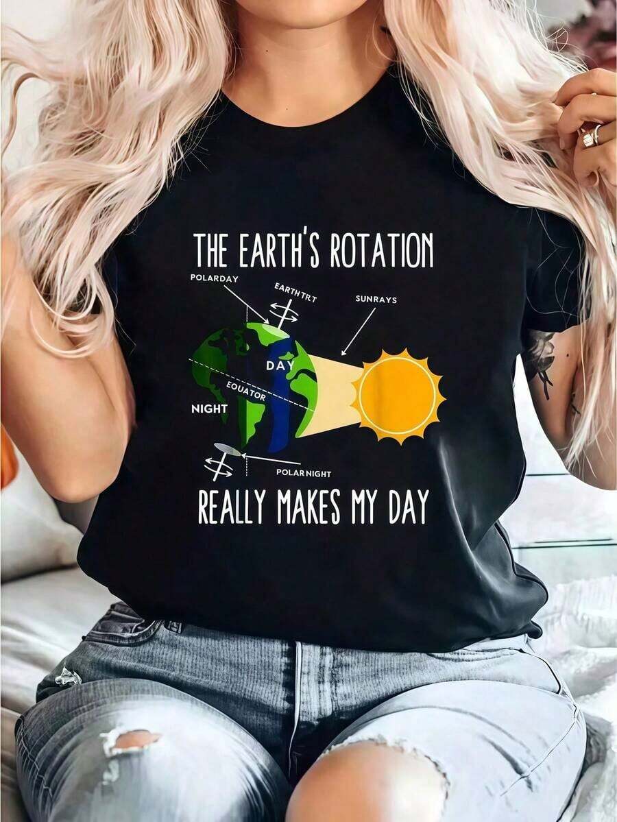 Funny Earth Rotation Earth Day Science Print T-Shirt For Kids And Women, Round Neck, Short Sleeve, Comfortable, For Spring And Summer, Women's Clothing, Summer Essentials, Summer Outfits For Women, Graphic Tees, Basic Blouses For Women - 黑色 - 查看 1