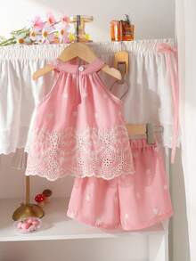 2pcs Baby Girls Cute Embroidered Hollow Design Halter Vest & Elastic Waist Shorts Set, Snowflake Embroidery Pattern, Suitable For Beach Holiday In Summer - Pink - View 2