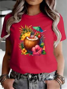 Illustration Of A Tropical-Style Coconut Cocktail Combined With Pineapple, Flowers, And A Small Umbrella Print T-Shirt. Women's Casual Summer Wear, Short-Sleeved, Crew Neck, Versatile Style. Comfortable Fabric, 100% Cotton. - 紅色 - 查看 8