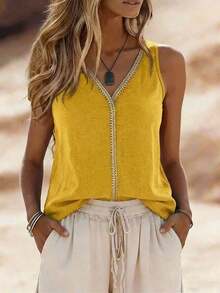 Zayélia Top de mujer de cuello en V, casual, cómodo, de vacaciones, de campo, relajado, de textura suave - Amarillo - Ver 3