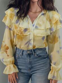 Ruffled Floral Print Casual Shirt - Ginger - View 3