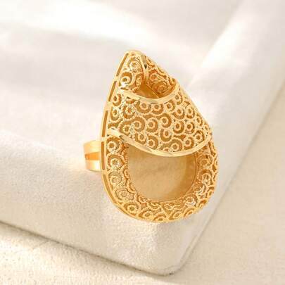 Teardrop Shaped Unique Personalized Women's Golden Ring, Large Face, Vintage Luxurious Elegant