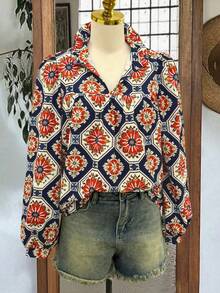 女士春夏波西米亚复古印花衬衫，荷叶边领口和泡泡袖，宽松版型，休闲舒适风格 - 彩色 - 查看 3