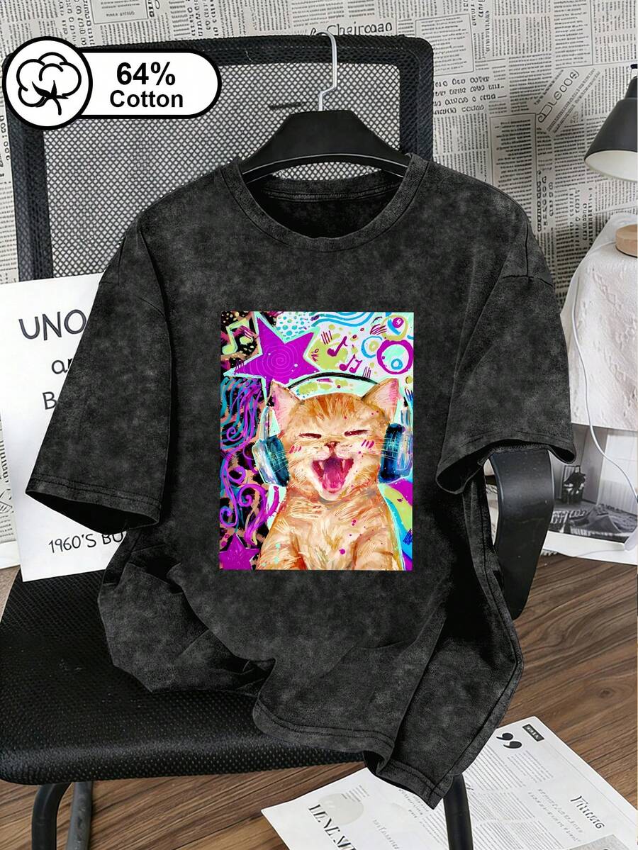 大码女式休闲T恤,印有酷炫音乐猫图案,采用复古水洗工艺,Y2K风格,美式复古风,女式夏季上衣,黑色 - 黑色 - 查看 1