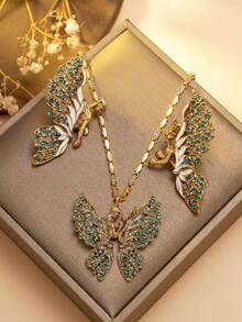 1 collier 1 paire de boucles d'oreilles vintage dorés papillon de fée bijoux diamant bleu émail papillon de fée collier boucles d'oreilles luxe léger style palais vintage accessoires cadeau banquet femmes - Multicolore - Voir 4