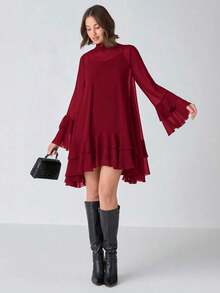 Vestido línea A de unicolor elegante con mangas volantes para mujeres - Burdeos - Ver 3