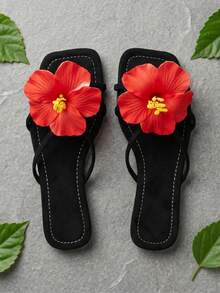 Summer New Solid Color Velvet Skin-Friendly 3D Floral Flat Slippers, Fashionable Versatile Comfortable Suitable For Beach Travel Vacation - Black - View 8