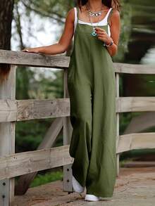 Solid Color Jumpsuit - Green Army - View 12