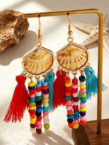2pcs Fashionable Exaggerated Bohemian Shell & Starfish Tassel Long Earrings, Suitable For Women's Daily And Holiday Wear - Yellow Gold - View 6