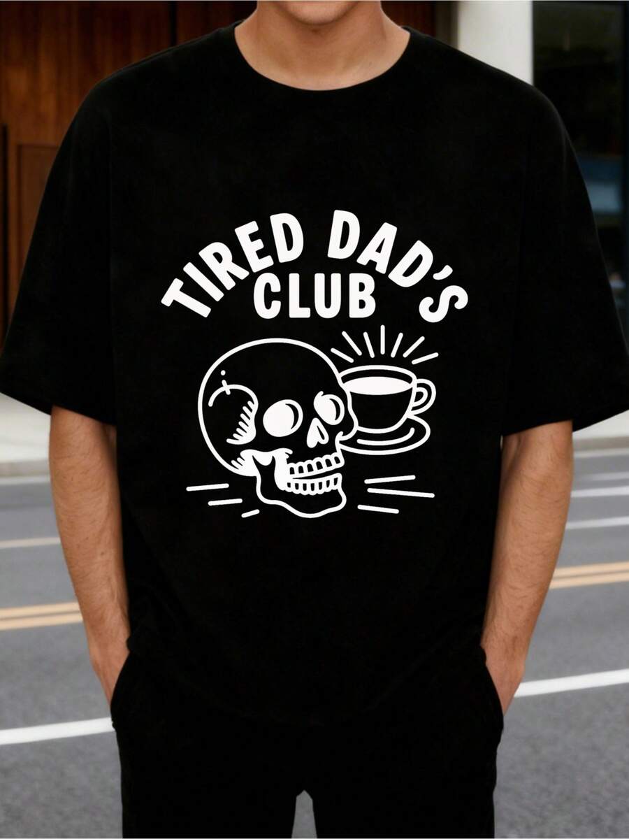 100% Baumwolle T-Shirt für Herren, Tired Dad Club Schädel Kaffee Kurzarm 180g atmungsaktiv Rundhals Sommer Grafik T-Shirt Herren Casual Baumwoll-Tee Vintage Geschenk für Vater - Schwarz - Übersicht 1