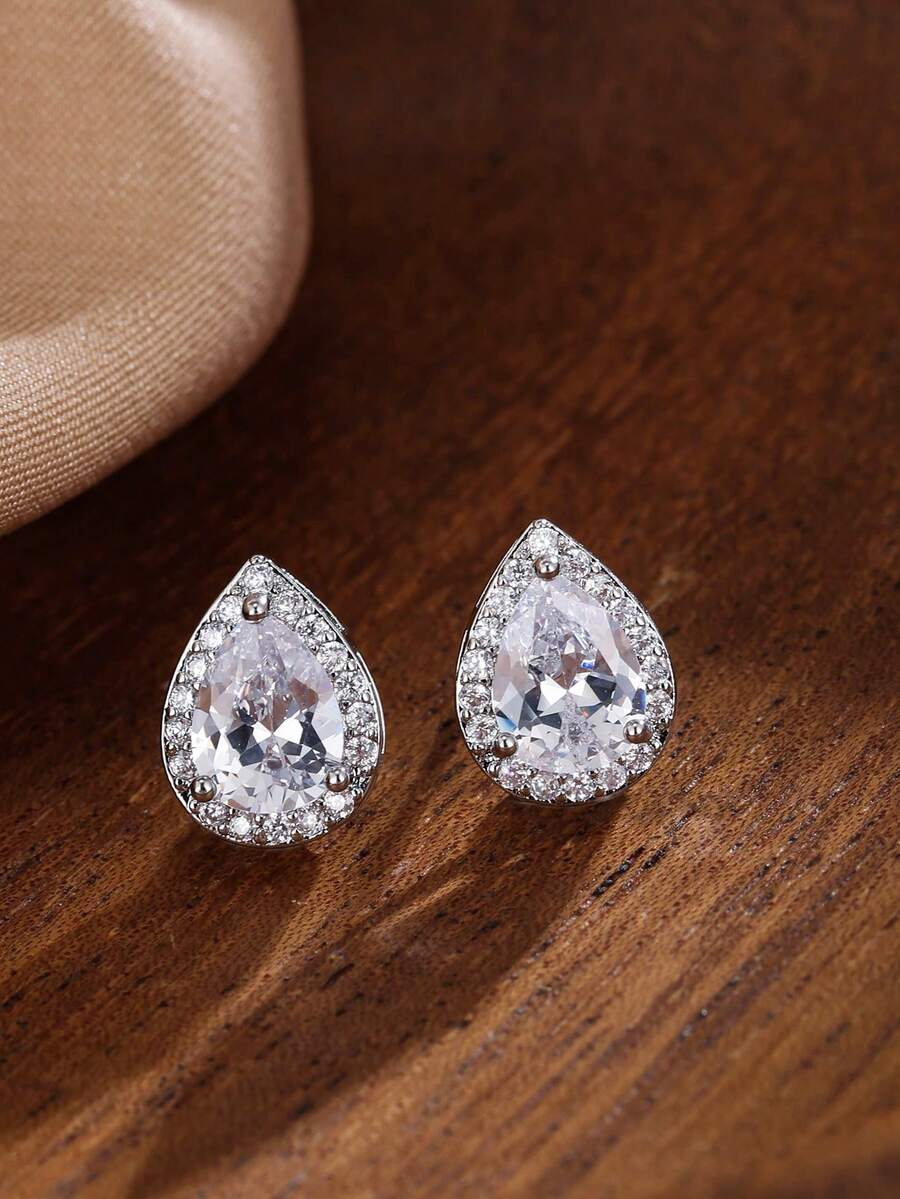 1 Pair Teardrop Zirconia Stud Earrings, Luxury High-End Unique Design, Suitable For Wedding, Banquet, Gift For Girlfriend - Earrings - View 1