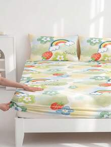 1pc Soft & Comfortable Fitted Bedsheet, Mattress Protector Cover, Skin-Friendly, All Season Use, Dust & Slip Resistant. Suitable For Twin, Full, Queen, King Size Beds. Strawberry Rainbow Pattern. Machine Washable (Excl. Pillow Case). Ideal Holiday Gift & Spring/Summer New Item. - Multicolor - View 6