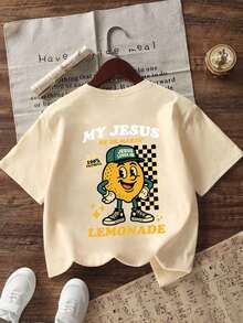 Tween Boy-Cartoon Print T-Shirt, Suitable For Boys Outdoor Sports, Boys Spring/Summer Casual Versatile Top - Apricot - View 6