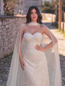 Faeriesty Vestido de noche de lentejuelas de lujo con destellos de sirena y chal transparente, diseño de bordado de escamas de pez exquisito, atuendo formal elegante y noble, adecuado para eventos de alfombra roja, bodas, galas y fiestas de alta gama, vestido de fiesta de cumpleaños de mujer, fiesta de verano - Champán - Ver 3