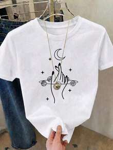 Women's Casual Short-Sleeved Round Neck Polyester T-Shirt With Planet And Moon Print, Ideal For Everyday Wear. - 白色 - 查看 8