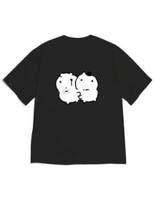 Camiseta de mujer con estampado de  de gato de ojos negros, camiseta de manga corta holgada con hombros caídos y estampado de "Amigo Pequeño y Agradable", un diseño suave y relajante. Cómoda y agradable para la piel, adecuada para quienes prefieren un estilo suave y lindo para salidas diarias. Camiseta de manga corta para mujer. - Negro - Ver 1