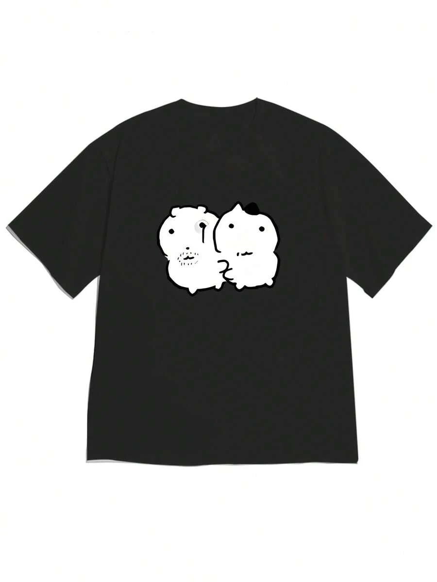 Camiseta de mujer con estampado de de gato de ojos negros, camiseta de manga corta holgada con hombros caídos y estampado de "Amigo Pequeño y Agradable", un diseño suave y relajante. Cómoda y agradable para la piel, adecuada para quienes prefieren un estilo suave y lindo para salidas diarias. Camiseta de manga corta para mujer. - Negro - Ver 1