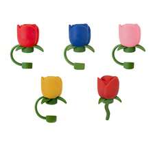 5pcs Rose Flower Straw Caps, Silicone Straw Covers For 9-10mm Straws, Cute Dust-Proof Straw Caps With Anti-Loss Strap, Beautiful Cup Decoration For Girls - Multicolor - View 9