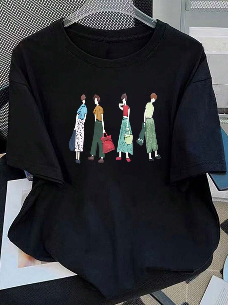 Women's T-Shirt, Casual Cartoon Print T-Shirt, Loose Short Sleeve Round Neck Top, Regular Length T-Shirt For All Seasons, Slightly Stretchy, Cute T-Shirt For Women. - 黑色 - 查看 1