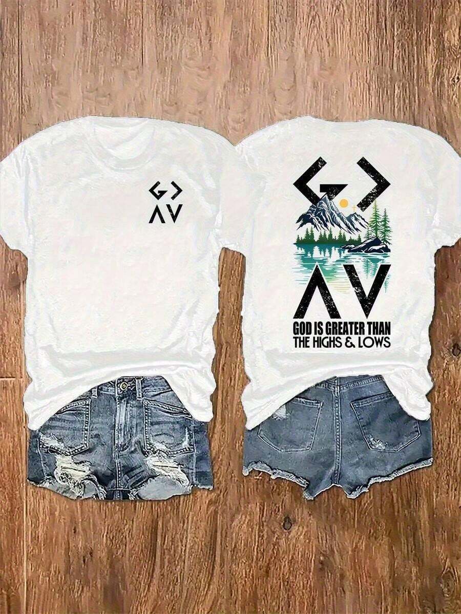 Women's Casual T-Shirt With "God Is Greater Than The Christian Highs And Lows" Print, Breathable And Comfortable, Short Sleeve, Round Neck, Mountain Faith Print, Soft Cotton, Perfect For Everyday Wear And Religious Style - 白色 - 查看 1