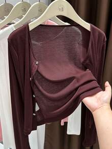Women's Cardigan | Lightweight Long-Sleeve Cover-Up | Breathable Summer Kimono | Loose-Fitting Shield Vest | Outerwear For Dresses And Cheongsams | Elegant And Ethereal Bolero - 酒紅色 - 查看 3