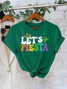 Lightweight Graphic Tees: Women's Short-Sleeve Crew Neck Tee, 1 Piece, For The Cinco De Mayo Festival In Mexico. Printed With The "LET'S FIESTA" Design, This Comfortable And Stylish Tee Is Suitable For Casual Everyday Wear. 100% Cotton, A Popular Choice. Suitable For Spring, Summer, And Fall. - 綠色 - 查看 7