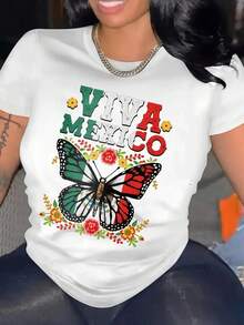 Women's Printed T-Shirt With Mexican Font Design, Casual Round Neck T-Shirt, Summer T-Shirt. - 白色 - 查看 2