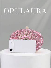 OpulAura 1件装粉色奢华闪亮水晶水钻迷你盒式手拿包，优雅闪亮钻石晚宴包，时尚派对/婚礼/正式场合手提包，带链条 - 粉色 - 查看 4