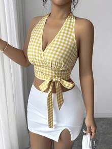 Conjunto de dos piezas de verano para mujer, con top de manga corta con cuello de tirantes a cuadros amarillos y falda larga con abertura lateral blanca, elegante y sexy para ocasiones de verano - Amarillo - Ver 8