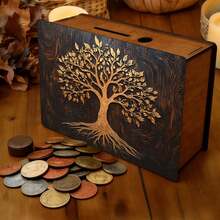1pc Decorative Handmade Wooden Piggy Bank, Reusable Vintage Wooden Coin Box, 2D Rectangular Coin Box With Golden Tree Pattern, For Home Office Decor - Multicolor - View 5