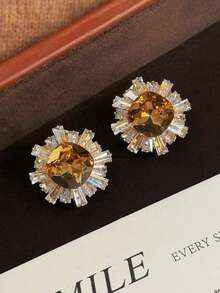 1 Pair Elegant Floral Design Rhinestone Earrings, Minimalist Sparkling Glamorous Earrings Suitable For Daily, Casual, Party, Travel Wear - Multicolor - View 1