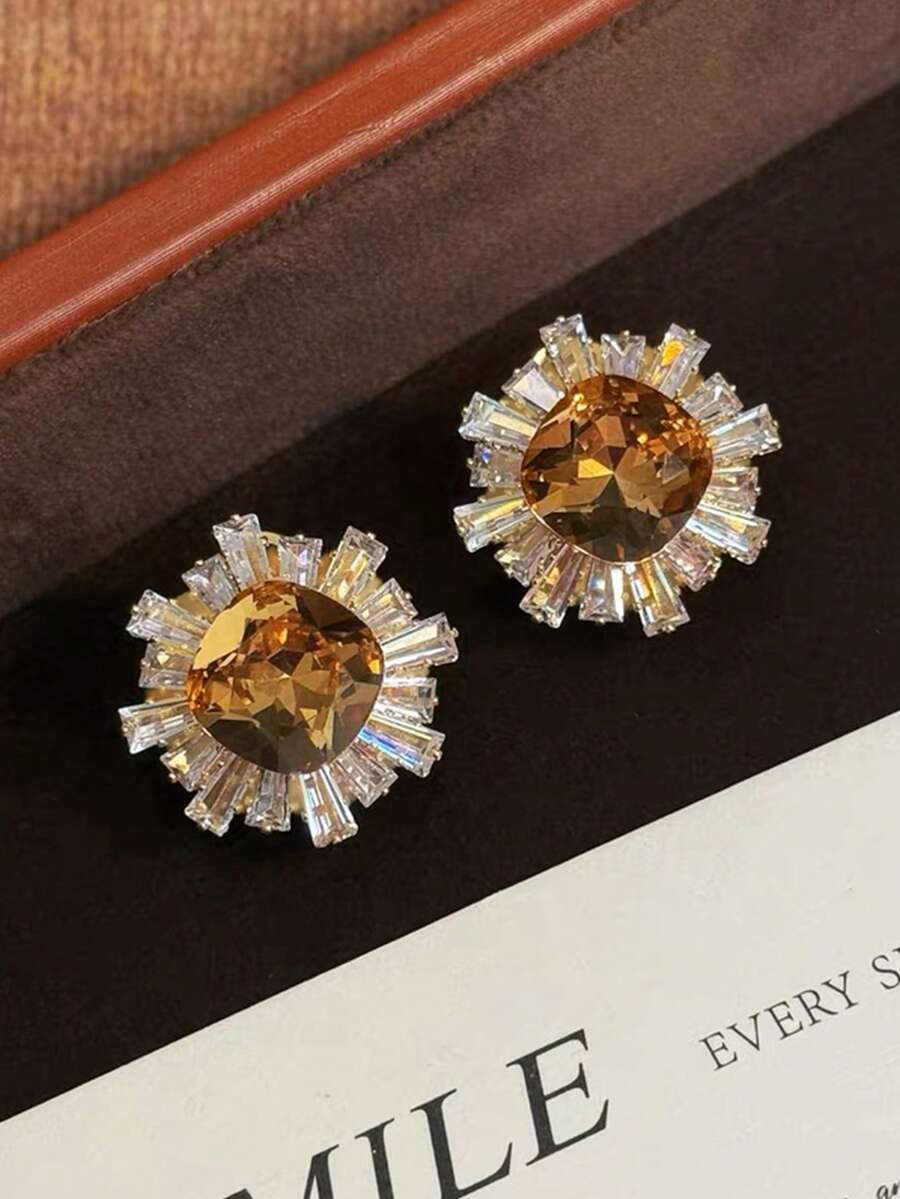 1 Pair Elegant Floral Design Rhinestone Earrings, Minimalist Sparkling Glamorous Earrings Suitable For Daily, Casual, Party, Travel Wear - Multicolor - View 1