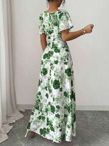 Elenzya Vestido de línea A con volantes en las mangas, fruncido en el frente y estampado floral de rosas, elegante y casual, ideal para vacaciones, viajes, citas, moda francesa y estilo retro, versátil para primavera y verano, de manga corta y largo maxi, en rojo, blanco y multicolor - Multicolor - Ver 9