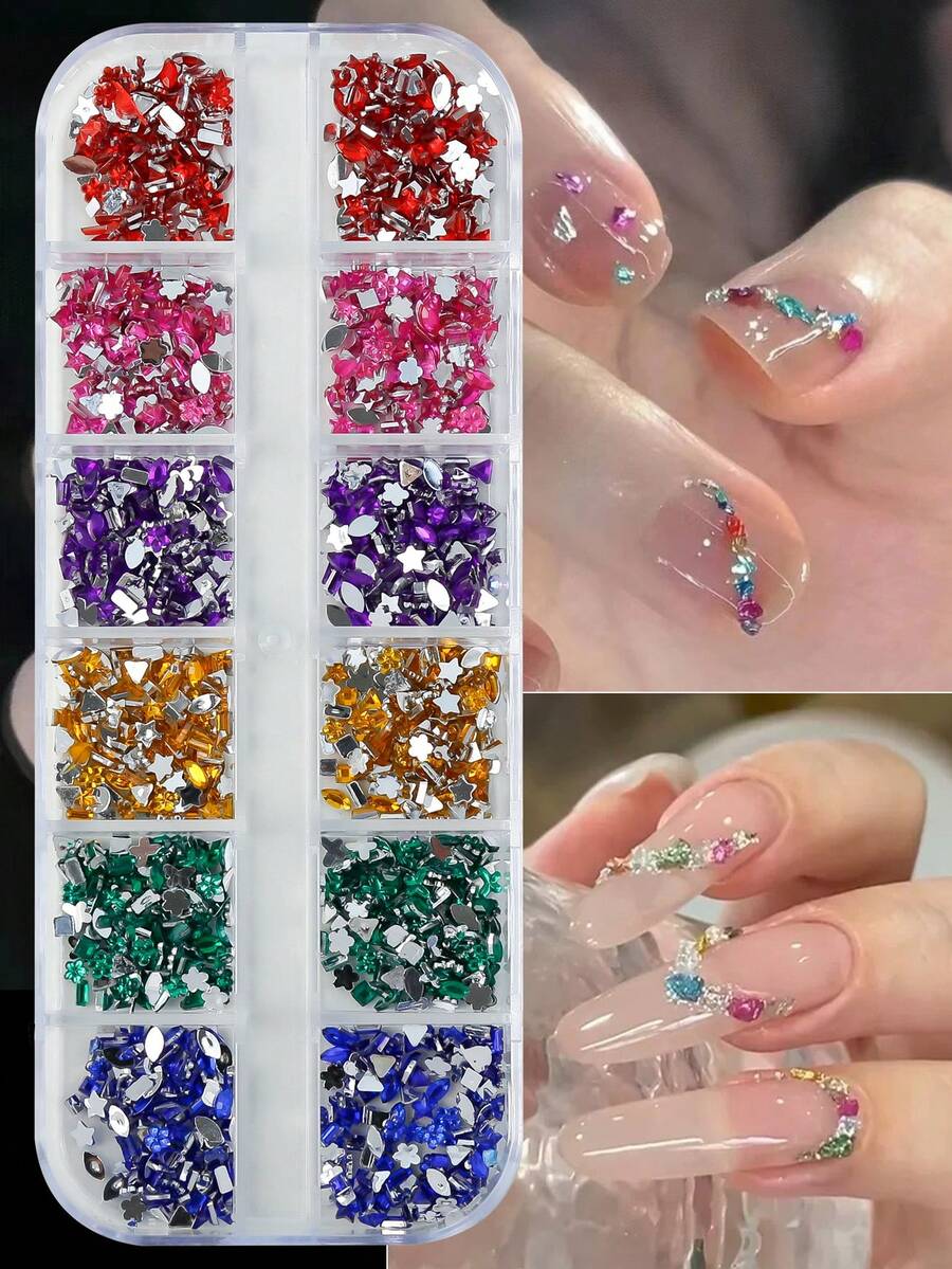 12 ô đính đá giả kim cương mini siêu bóng, mặt phẳng, hình dạng bất đối xứng, họa tiết 3D dùng trang trí móng tay DIY và đồ thủ công. - Nhiều màu - Xem 1