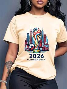 [Officially Licensed World Cup] 2026 World Cup, Short Sleeve T-Shirt With Fun Football Print, Urban Style Print Design, Summer T-Shirt, Must-Have For Fans, Available In Men's And Women's Styles, Ideal As A Birthday Gift For A Boyfriend. - 杏色 - 查看 6