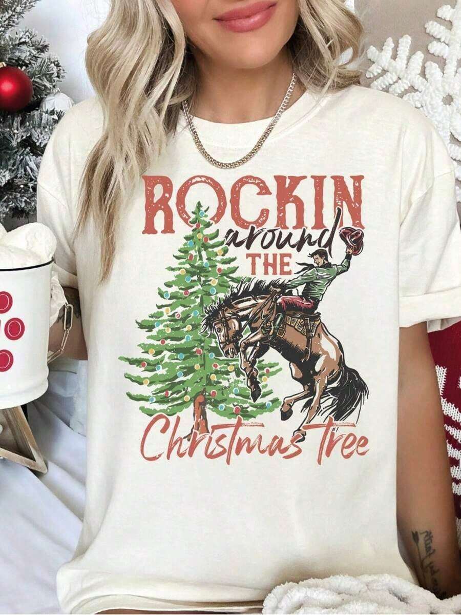 1 Oversized T-Shirt With A Large Print, White T-Shirt With A "Rockin' Around The Christmas Tree" Design, Country-Style Christmas T-Shirt, Retro Western Christmas T-Shirt, Cowboy-Style Family T-Shirt, Comfortable, Crew Neck, Versatile, Perfect For Outdoor Activities. Cotton T-Shirt. - 白色7 - 查看 1