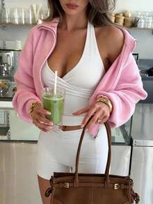 Áo khoác cardigan dệt kim màu hồng có khóa kéo, áo khoác dài tay cổ đứng dáng ngắn, áo khoác ngoài nữ kiểu dáng thanh lịch, thích hợp mặc hàng ngày vào mùa xuân và mùa thu. - Hồng - Xem 5