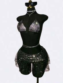 Minifalda sexy para mujer, con incrustaciones de red de pescar y brillantes, adecuada para ocasiones de fiesta - Negro - Ver 4