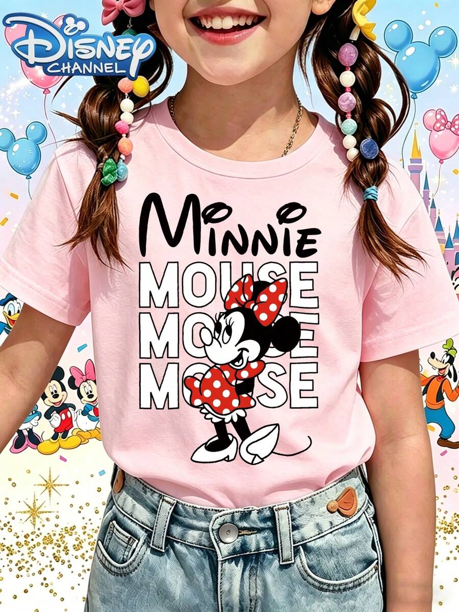 Disney T-Shirt Short Sleeves Made Of 100% Pure Cotton Fabric Cotton T Shirt Pink Minnie Mouse Character And Text Print For Kids Disney Theme Party WearGifts Suitable For Girls - 粉色 - 查看 1