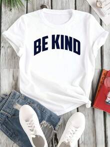 Women's Casual Short Sleeve White Sports T-Shirt With BE KIND Text In Navy - Elastic Round Neck T-Shirt, Machine Washable, Comfortable Fit For All Seasons, Perfect For A Positive And Casual Look. - 白色 - 查看 1