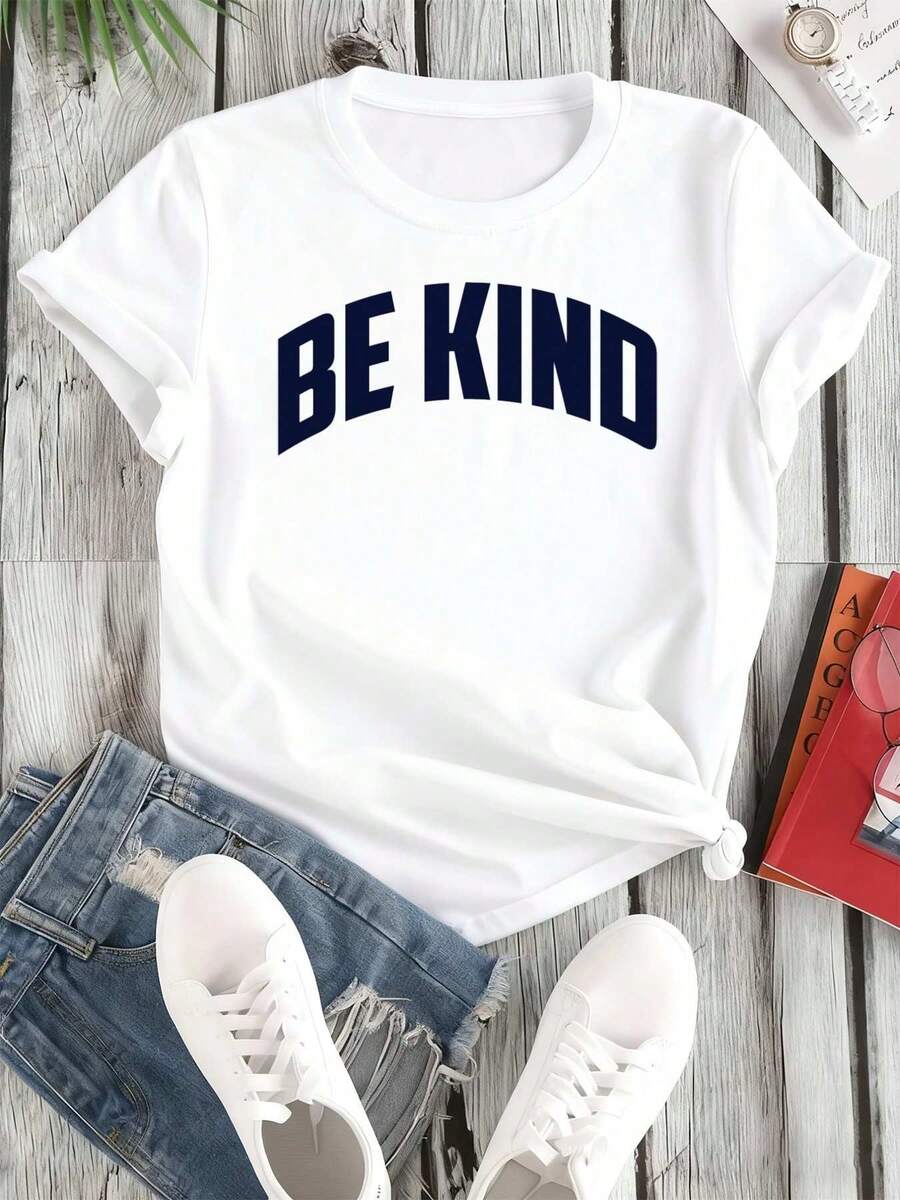 Women's Casual Short Sleeve White Sports T-Shirt With BE KIND Text In Navy - Elastic Round Neck T-Shirt, Machine Washable, Comfortable Fit For All Seasons, Perfect For A Positive And Casual Look. - 白色 - 查看 1