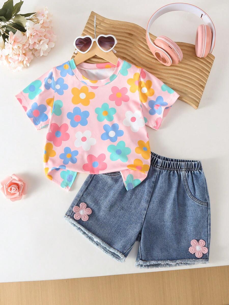 Girls Denim Shorts And T-Shirt 2 Pieces Set, Fashionable Casual Summer Outfit - Multicolor - View 1