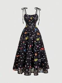 MOD Vestido de verano con estampado total, cuello con lazada en los hombros y cintura ceñida, estilo casual de vacaciones para mujer - Negro - Ver 2